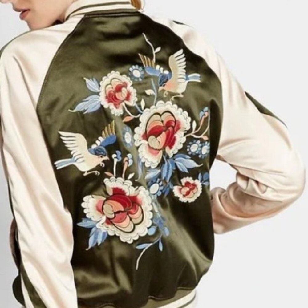 Express Embroidered Reversible Bomber Jacket in Green and Beige, Size Large